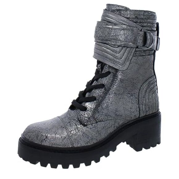 DKNY Womens Basia Leather Metallic Combat & Lace-up Boots Silver 5 Medium (B,M) - Picture 1 of 3